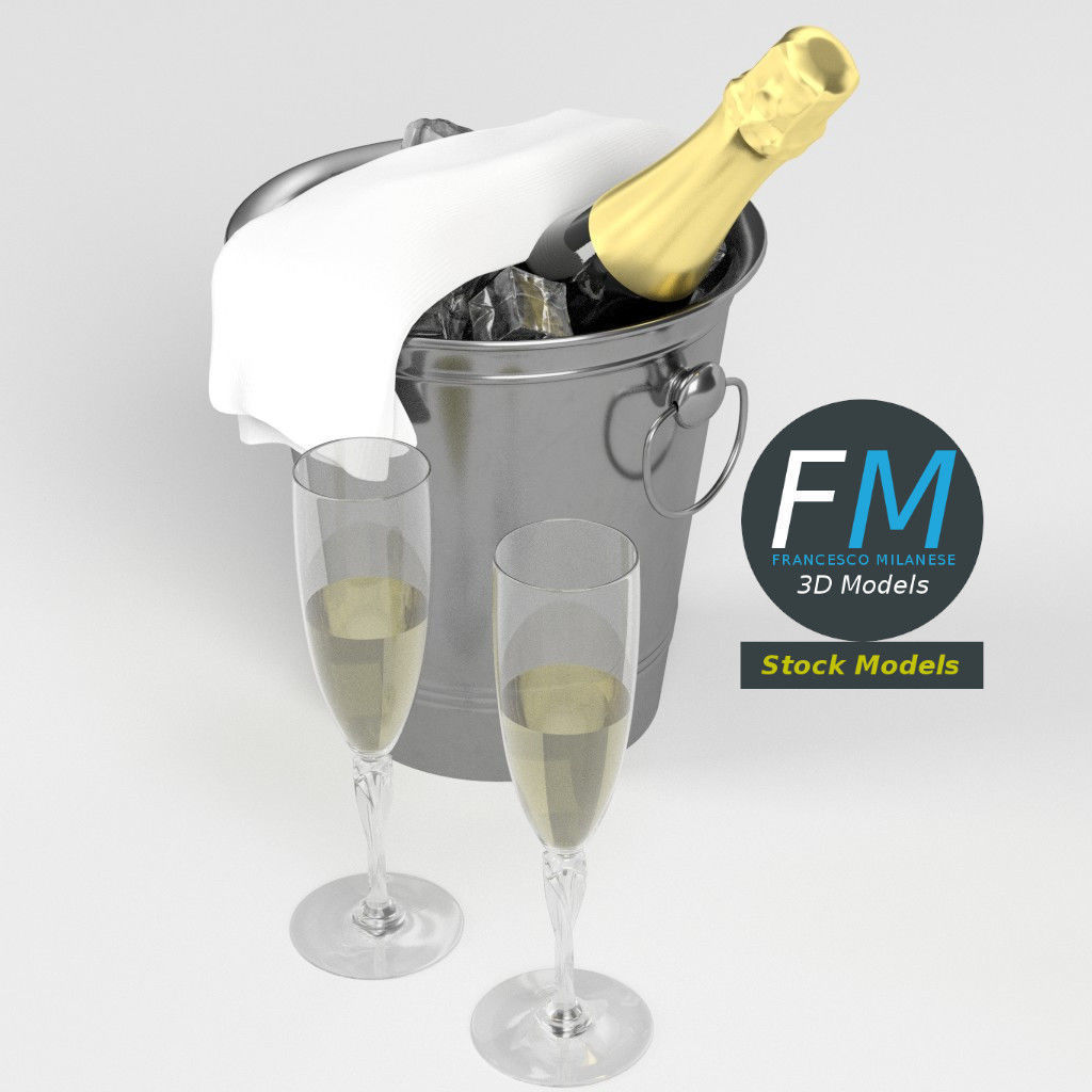 Champagne set two glasses and bottle of in ice bucket 3D model_2