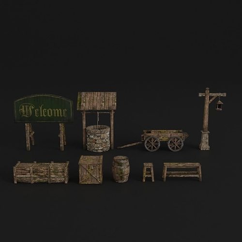 OLD MEDIEVAL PROPS ASSET AND GROUND TILEABLE Low-poly 3D model