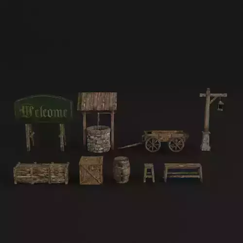 OLD MEDIEVAL PROPS ASSET AND GROUND TILEABLE Low-poly 3D model