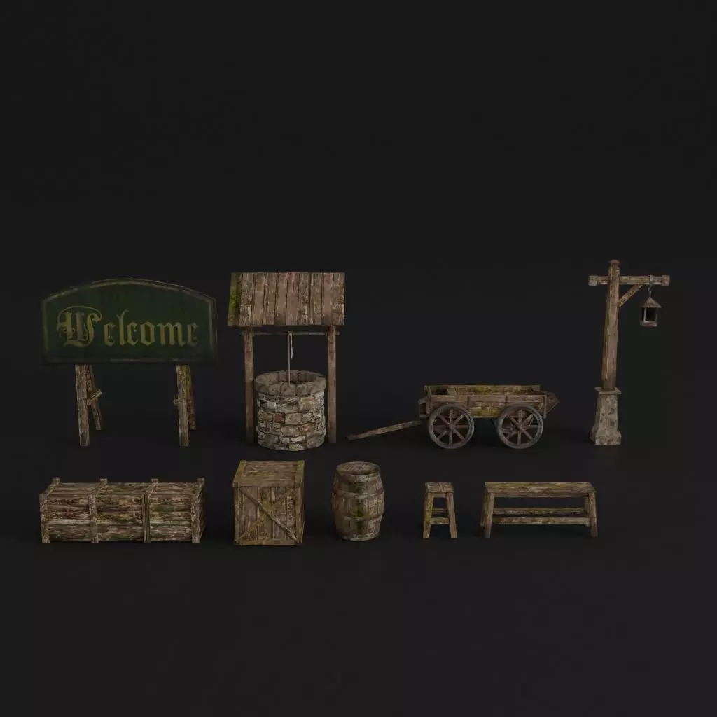 OLD MEDIEVAL PROPS ASSET AND GROUND TILEABLE Low-poly 3D model_0