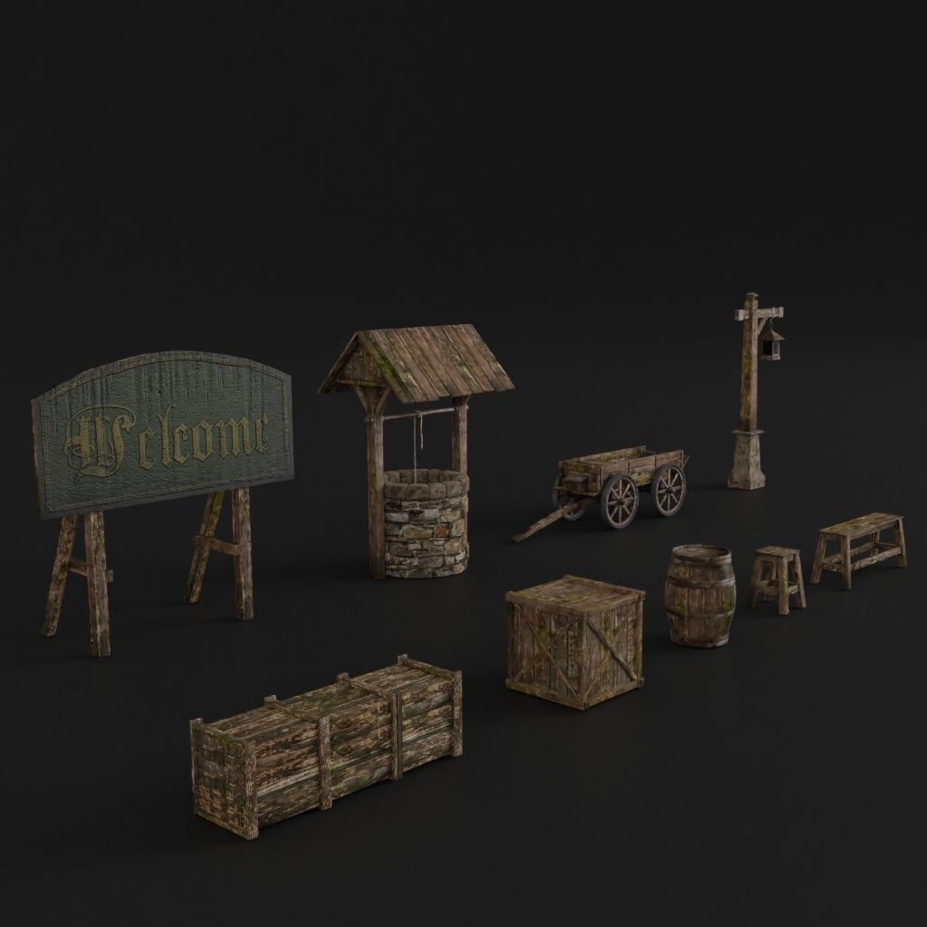 OLD MEDIEVAL PROPS ASSET AND GROUND TILEABLE Low-poly 3D model_2