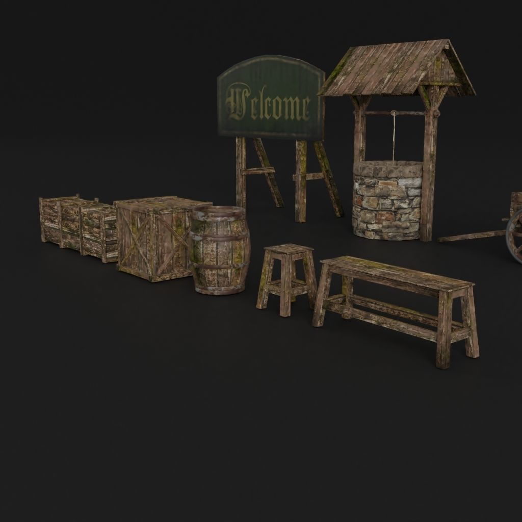 OLD MEDIEVAL PROPS ASSET AND GROUND TILEABLE Low-poly 3D model_23