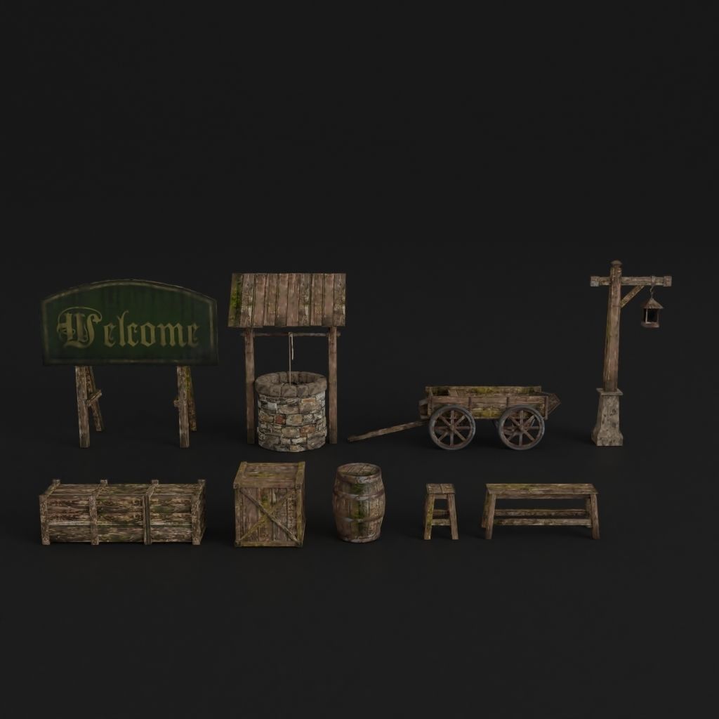 OLD MEDIEVAL PROPS ASSET AND GROUND TILEABLE Low-poly 3D model_15