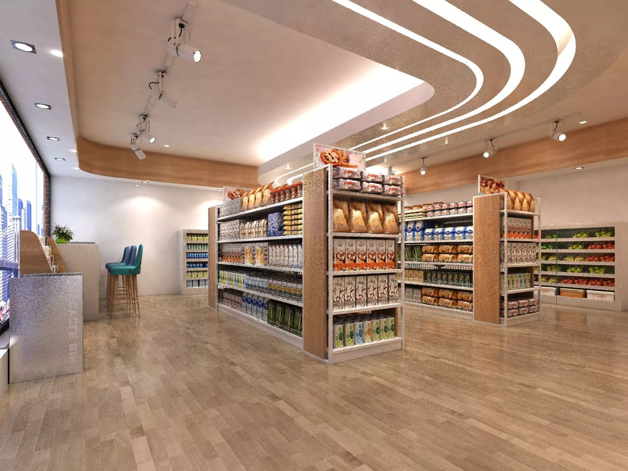 supermarket grocery store with wooden floors and shelves 3D model_0