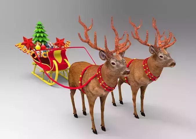 Red Deer Santa Sleigh Model Low-poly 3D model