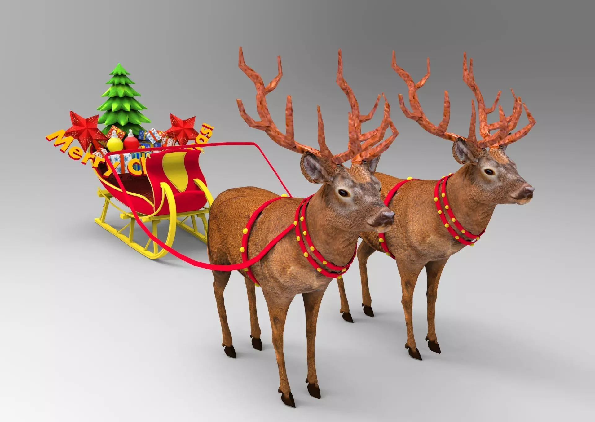 Red Deer Santa Sleigh Model Low-poly 3D model_0