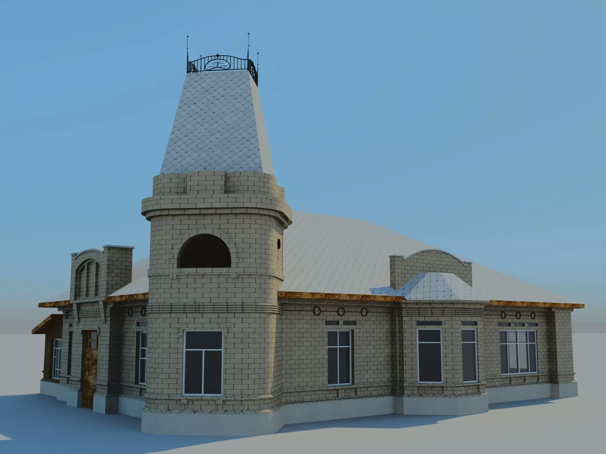 Mansion classic baroque style house with tower 3D model_0