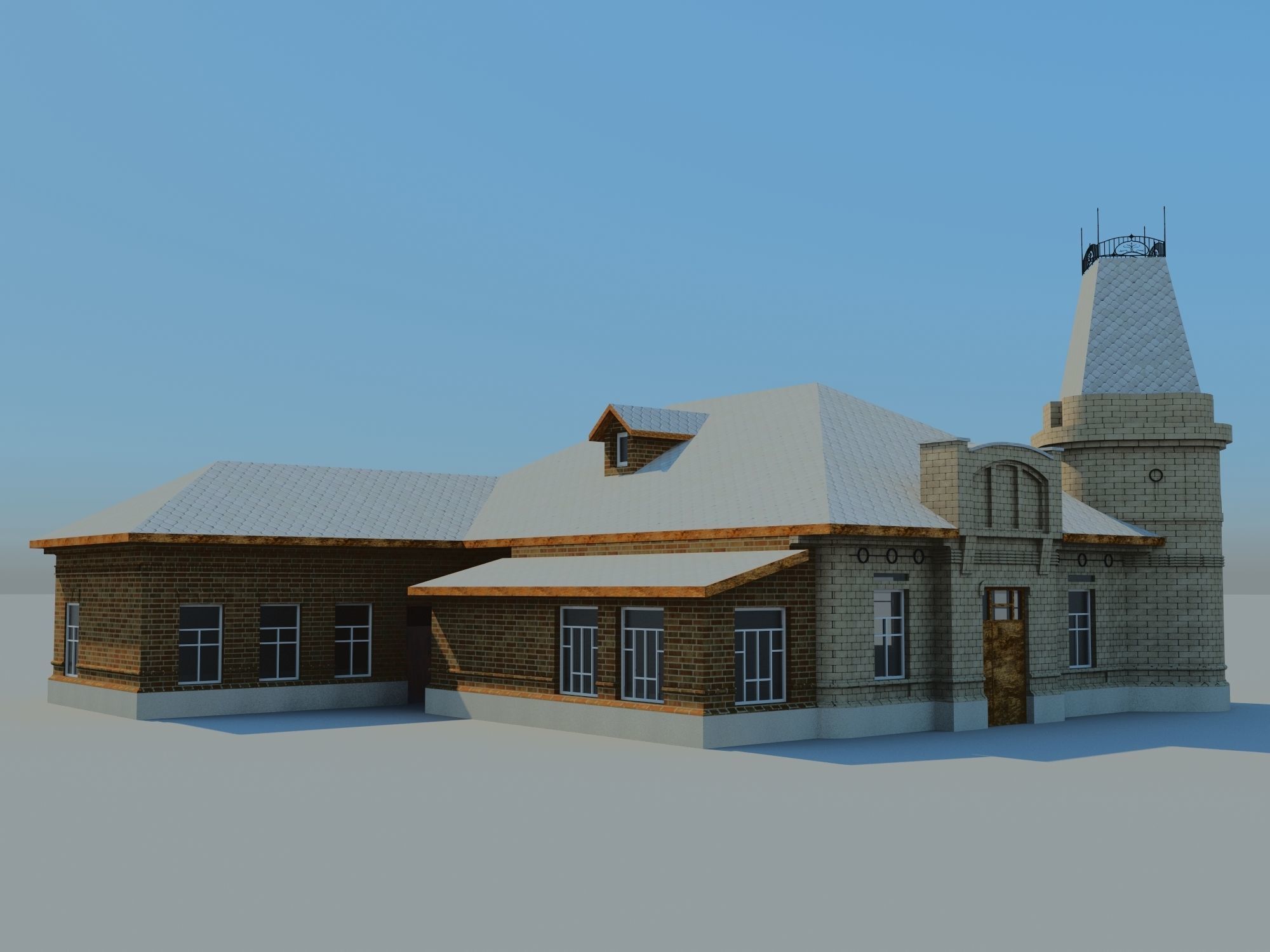 Mansion classic baroque style house with tower 3D model_2