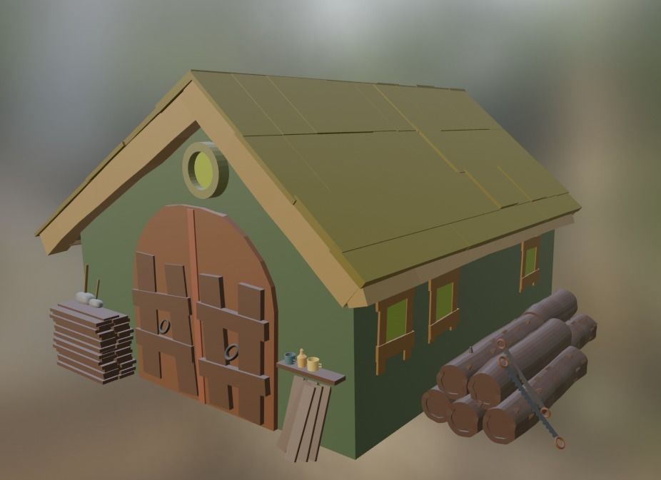 low poly barn with logs and bales of hay Free low-poly 3D model_1