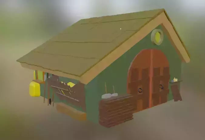 low poly barn with logs and bales of hay