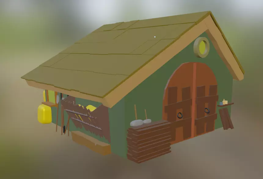 low poly barn with logs and bales of hay Free low-poly 3D model_0