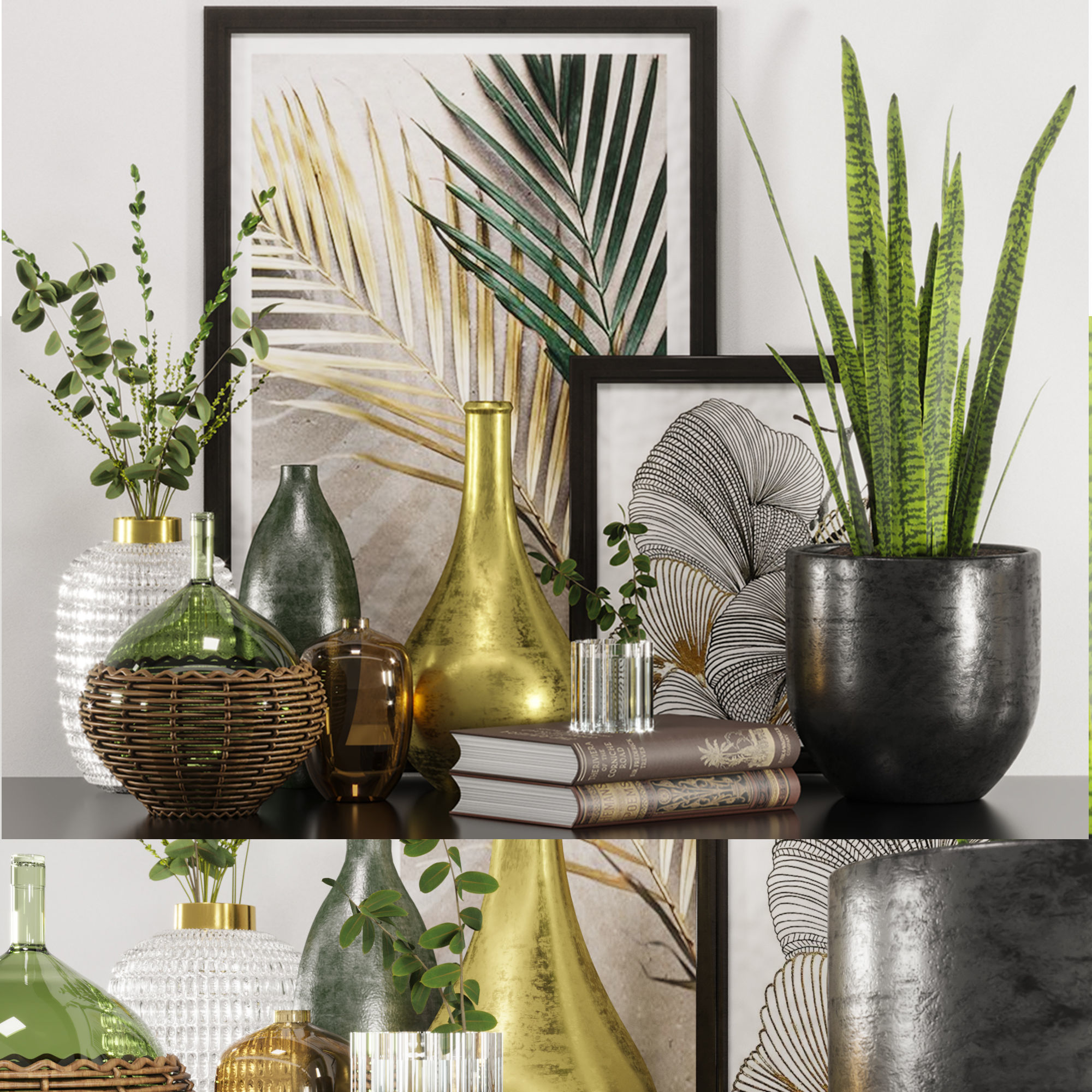 gold and green decorative set 3D model_7