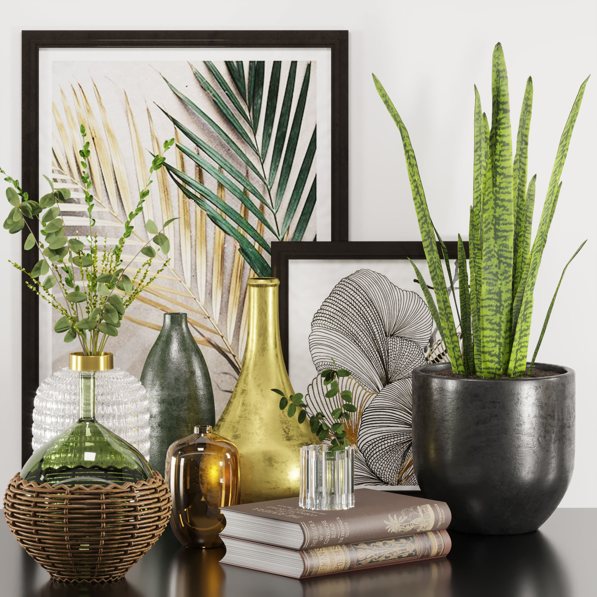 gold and green decorative set 3D model_5