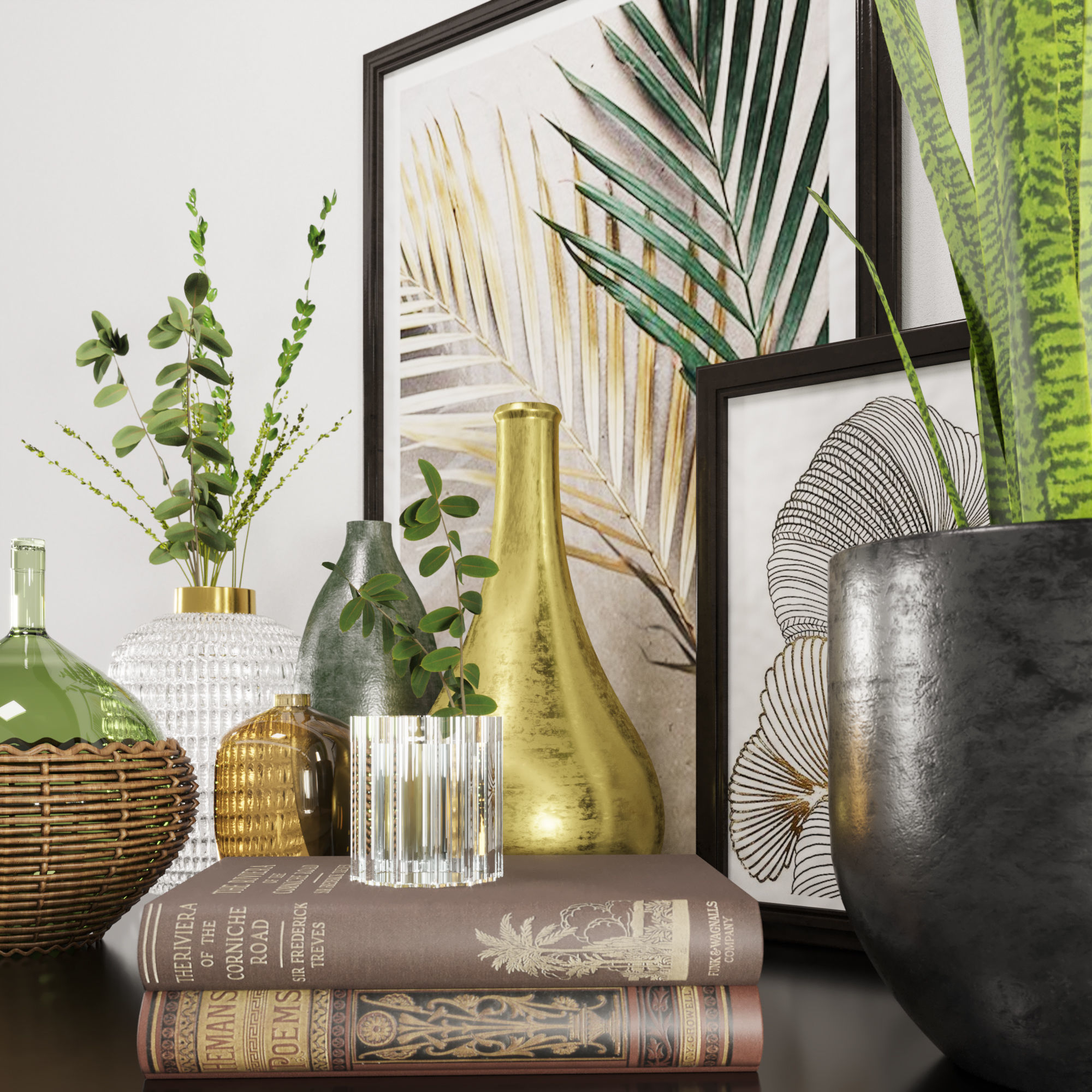 gold and green decorative set 3D model_2