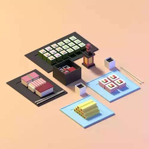 Sushi set 3D model items on table