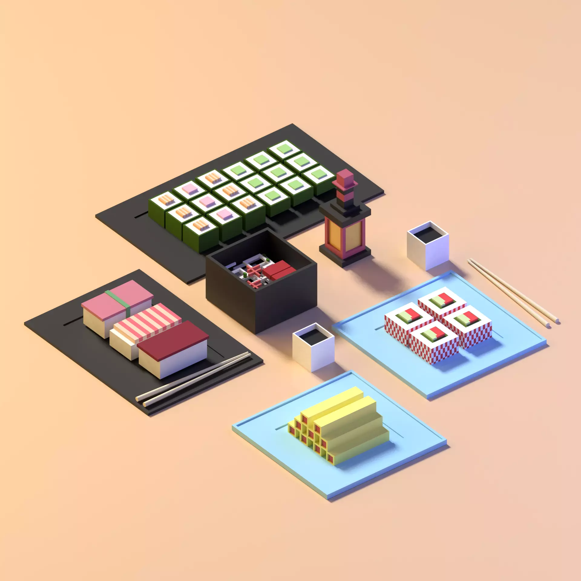 Sushi set 3D model items on table Low-poly 3D model_0