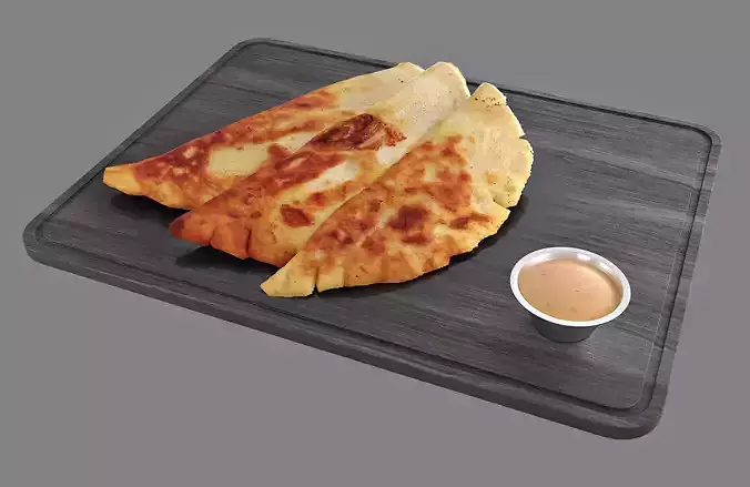 Chebureki flatbread with sauce on wooden cutting board