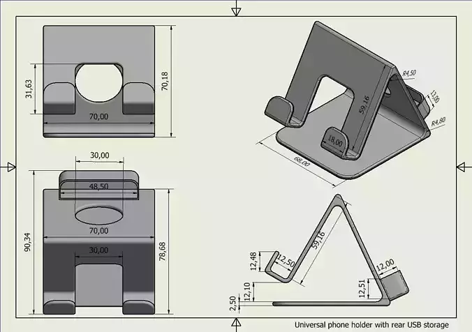 Universal phone holder with rear USB storage 3D print model
