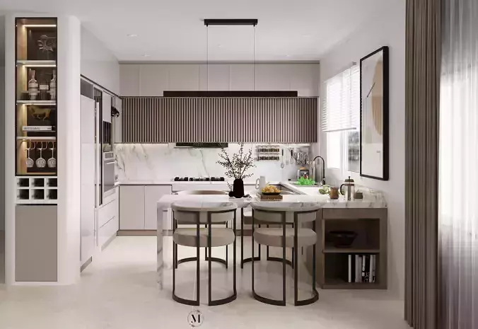Sleek Modern Kitchen with Marble Island and Ribbed Wood Accents