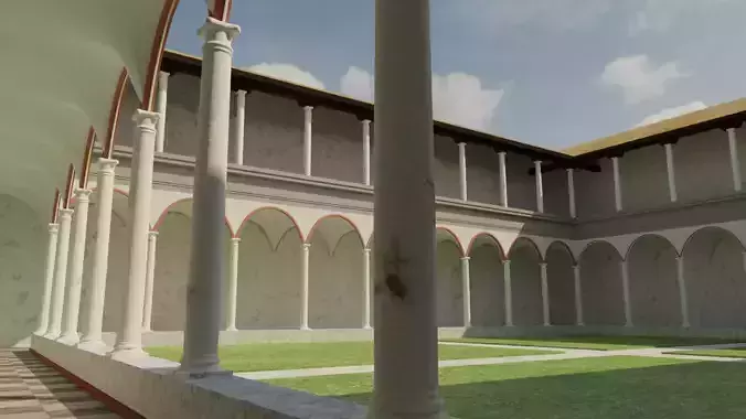 Cloister courtyard with columns and grass 3D model