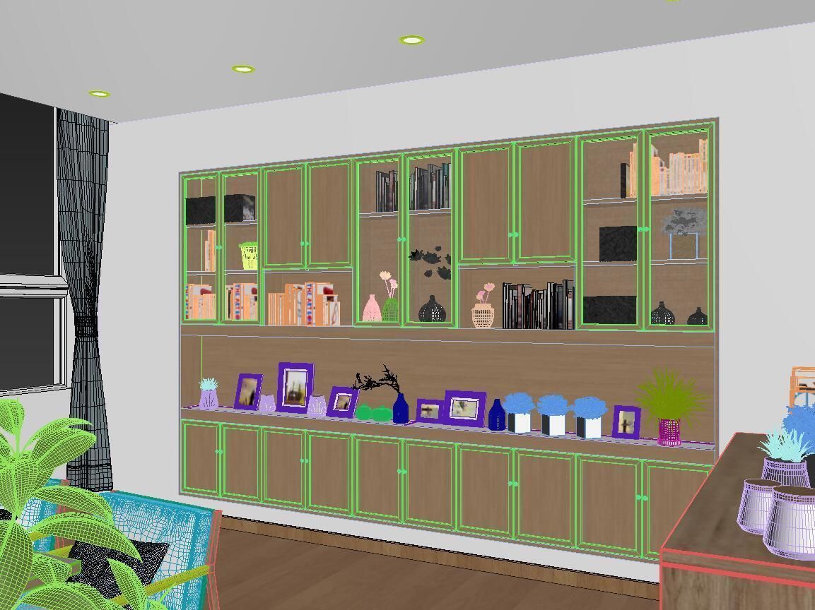 Reception room sofa table and chair bookcase 3D model_5