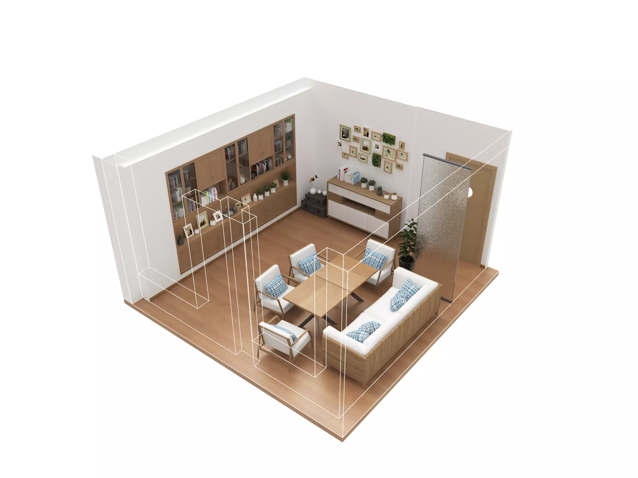 Reception room sofa table and chair bookcase 3D model_0