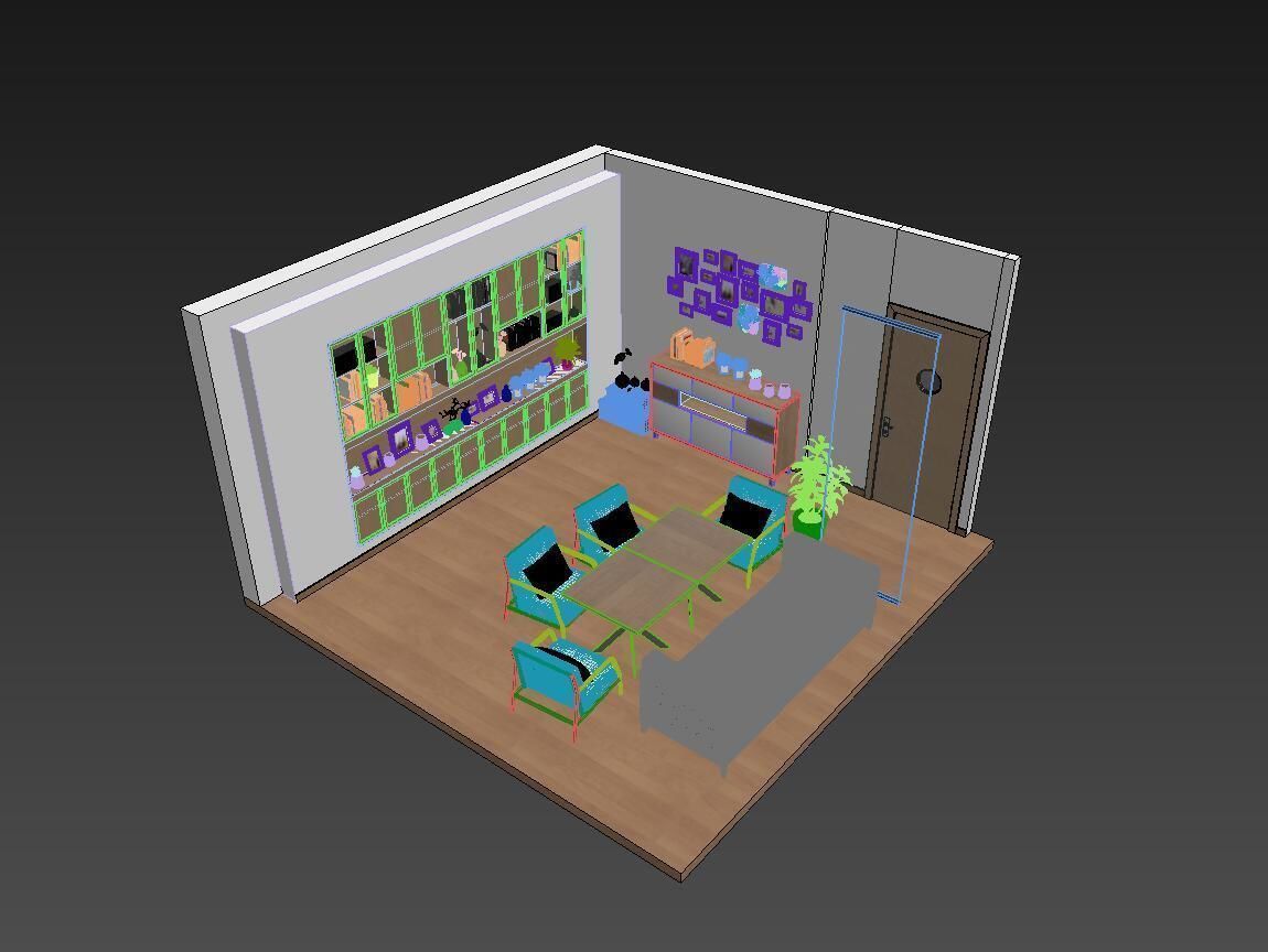 Reception room sofa table and chair bookcase 3D model_9