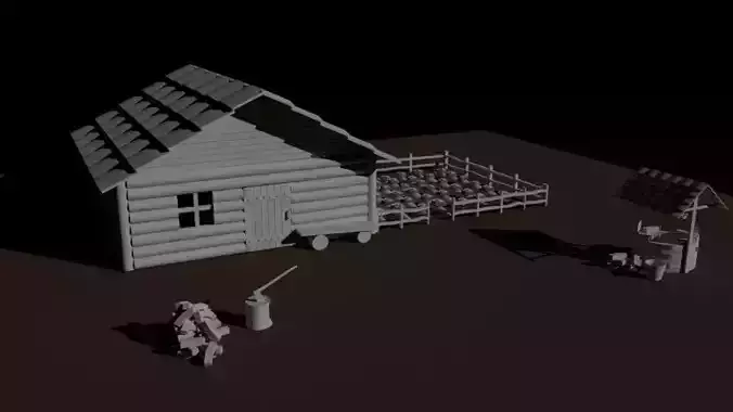 Village 3D low poly log cabin