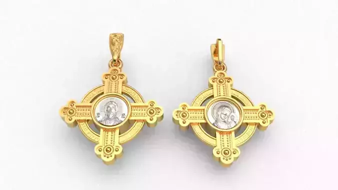 Krest-cross 3D print model gold pendant with diamond in center