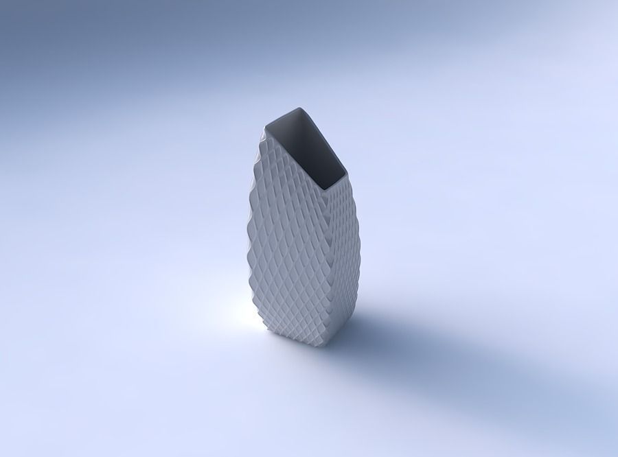 Vase bent rectangle with diagonal grid dents 3D print model_3