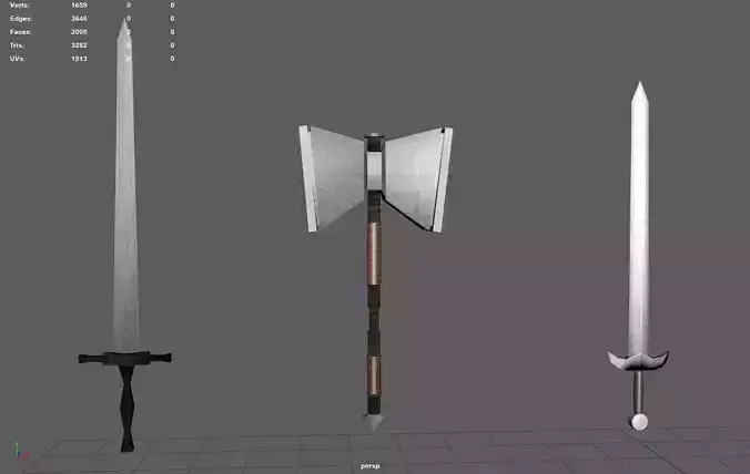 2 Swords and 1 Hammer low poly model