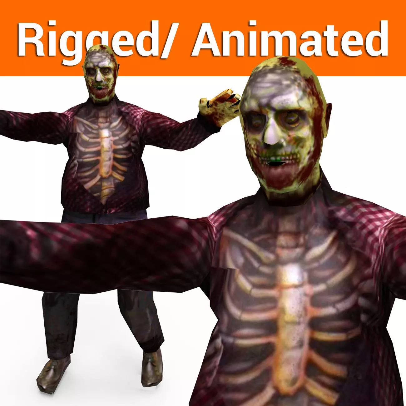 Zombie male Rigged and animated Character Low-poly 3D model_0