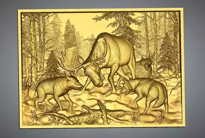 Frame gold medallion with two moose in woods