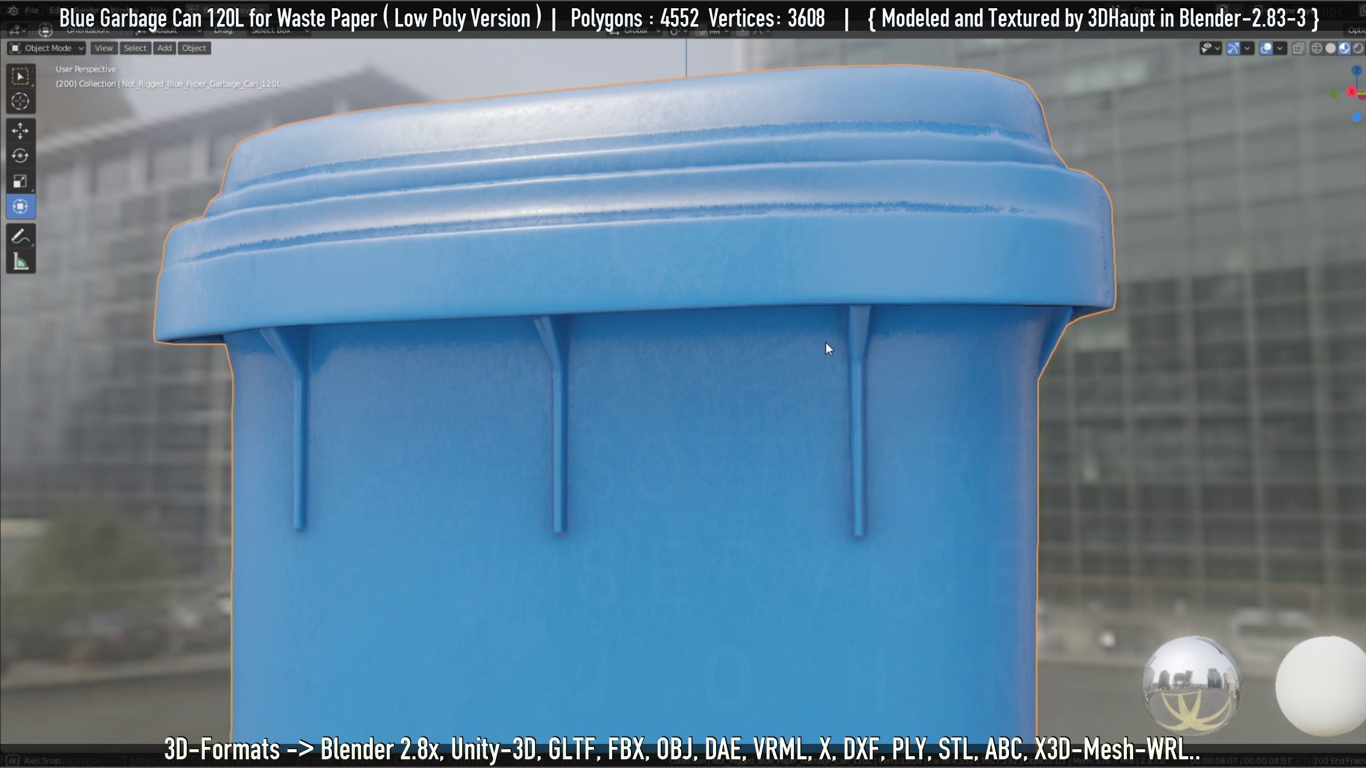 Plastic Garbage Can 120L Blue for Waste Paper -Low-Poly-Version- Low-poly 3D model_10