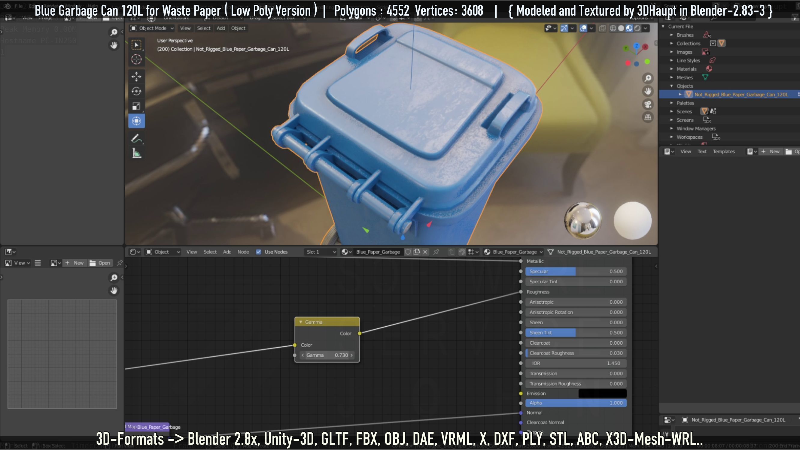 Plastic Garbage Can 120L Blue for Waste Paper -Low-Poly-Version- Low-poly 3D model_57