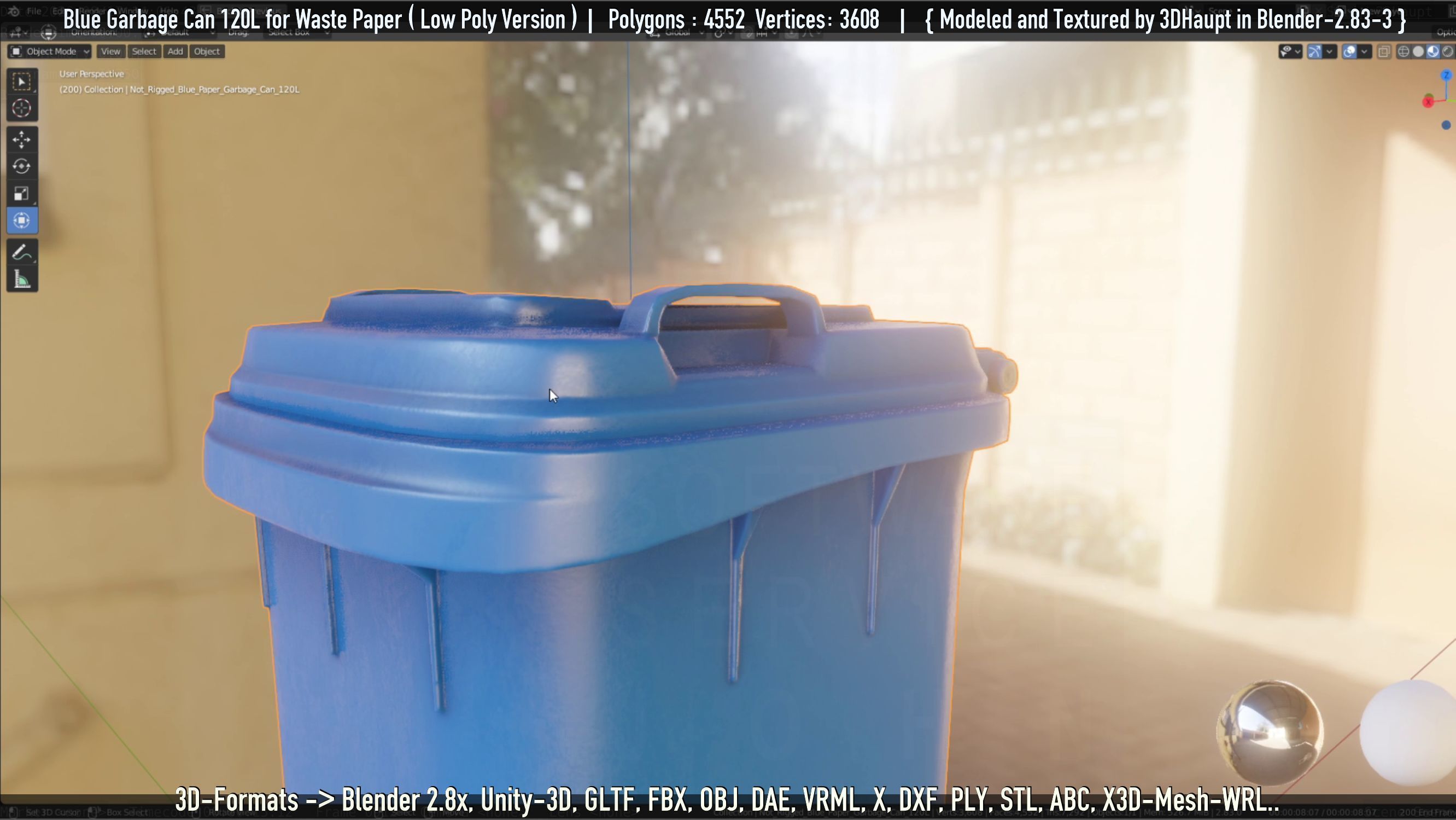 Plastic Garbage Can 120L Blue for Waste Paper -Low-Poly-Version- Low-poly 3D model_36
