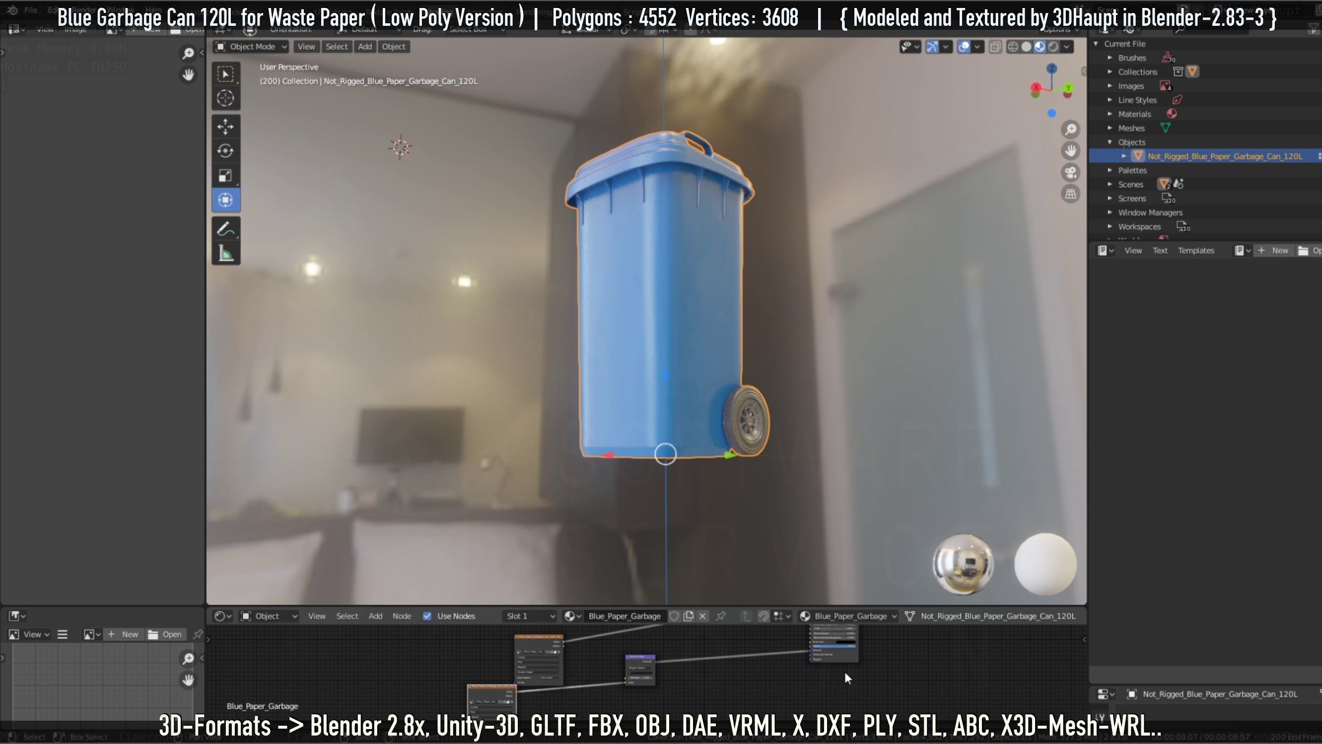 Plastic Garbage Can 120L Blue for Waste Paper -Low-Poly-Version- Low-poly 3D model_35