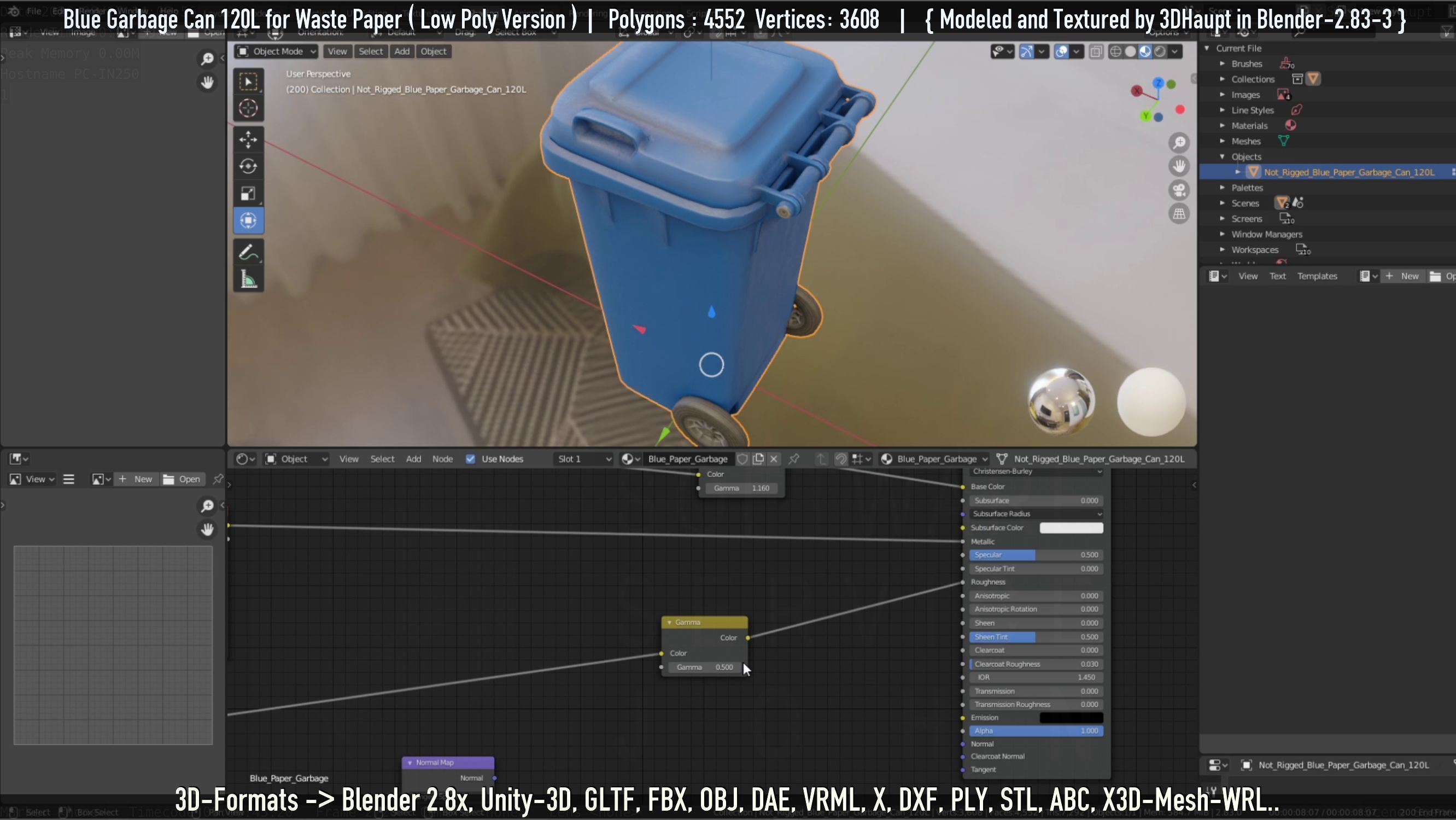 Plastic Garbage Can 120L Blue for Waste Paper -Low-Poly-Version- Low-poly 3D model_74