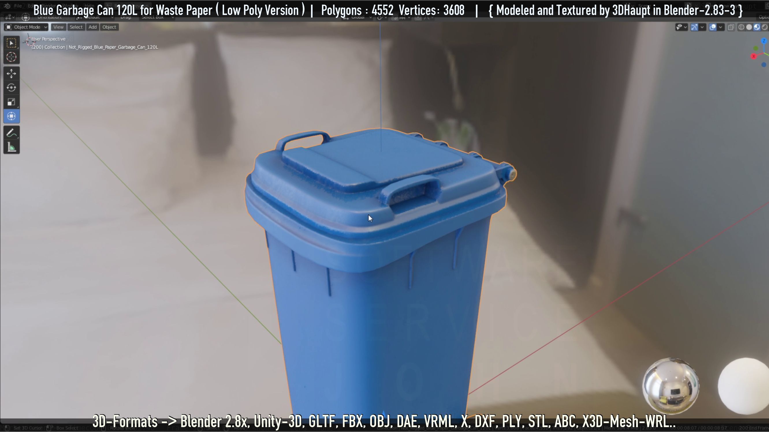 Plastic Garbage Can 120L Blue for Waste Paper -Low-Poly-Version- Low-poly 3D model_43