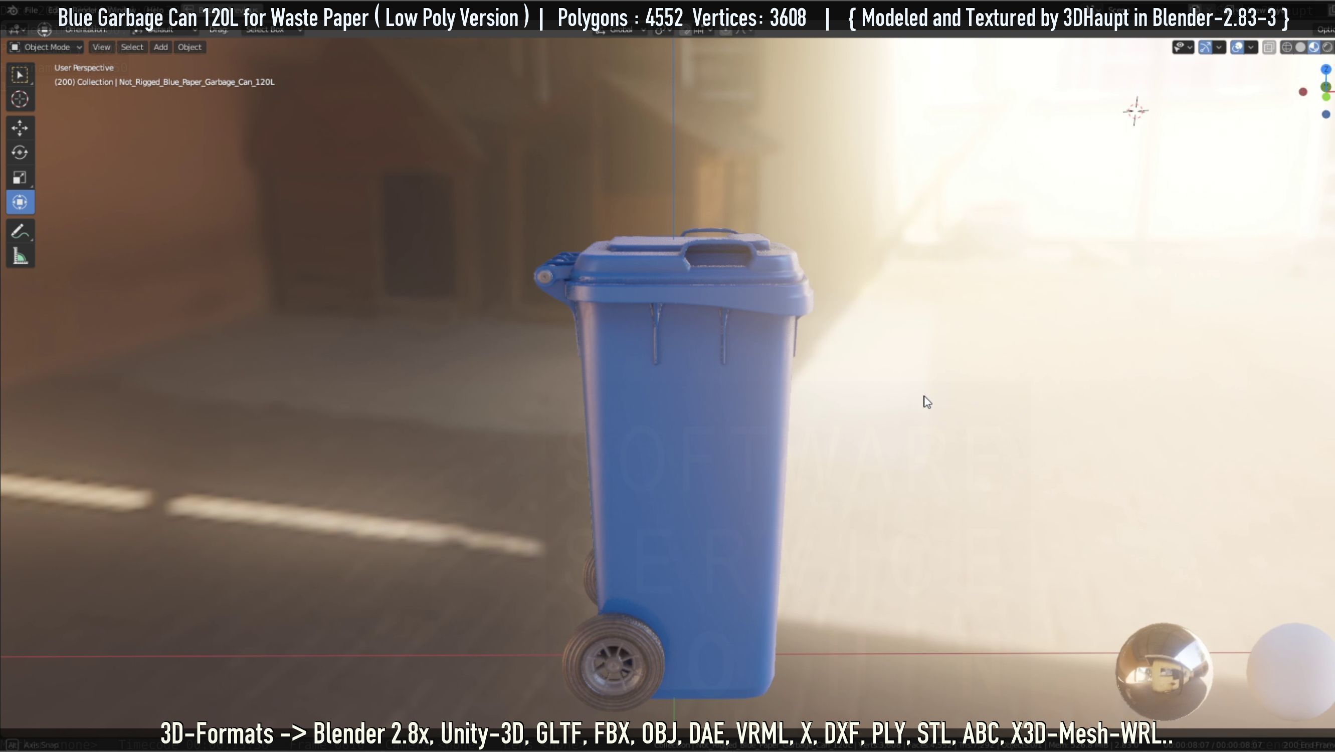 Plastic Garbage Can 120L Blue for Waste Paper -Low-Poly-Version- Low-poly 3D model_83