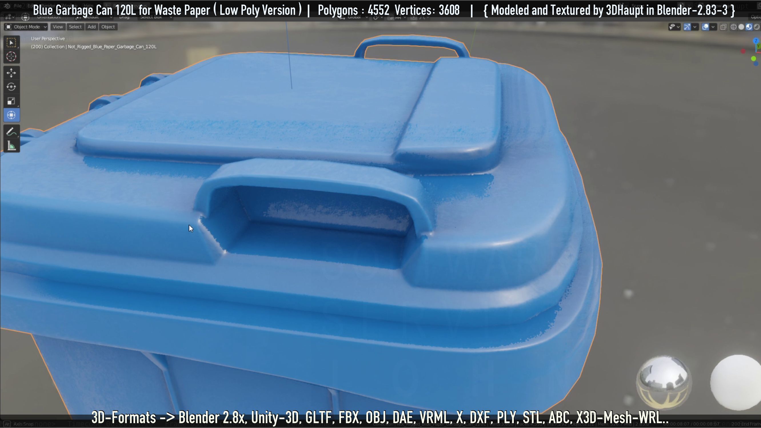 Plastic Garbage Can 120L Blue for Waste Paper -Low-Poly-Version- Low-poly 3D model_9