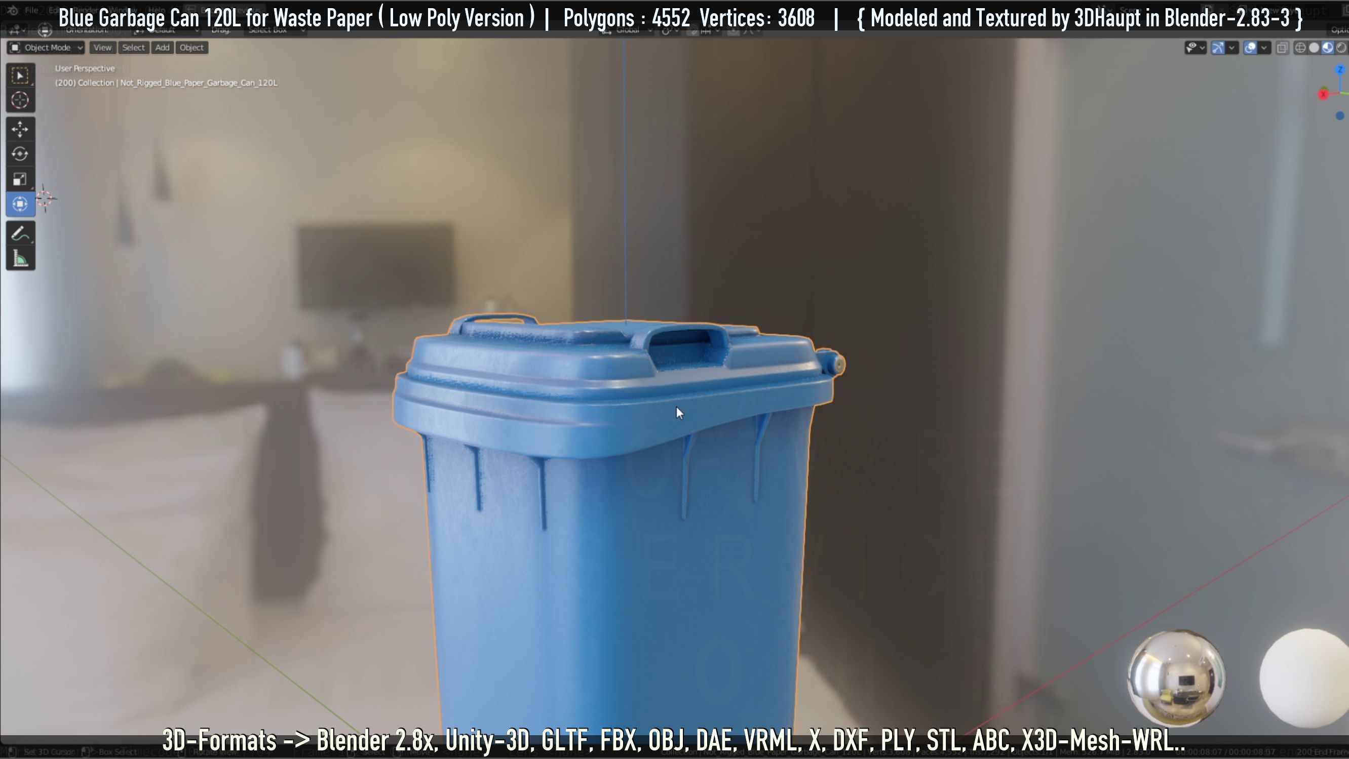 Plastic Garbage Can 120L Blue for Waste Paper -Low-Poly-Version- Low-poly 3D model_37