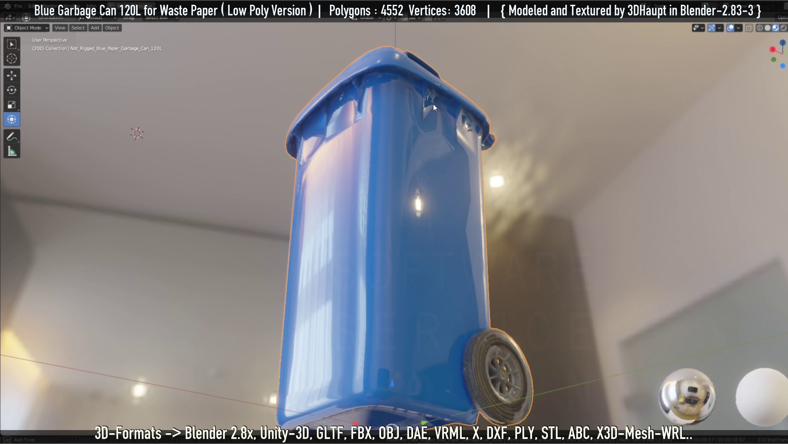 Plastic Garbage Can 120L Blue for Waste Paper -Low-Poly-Version- Low-poly 3D model_39