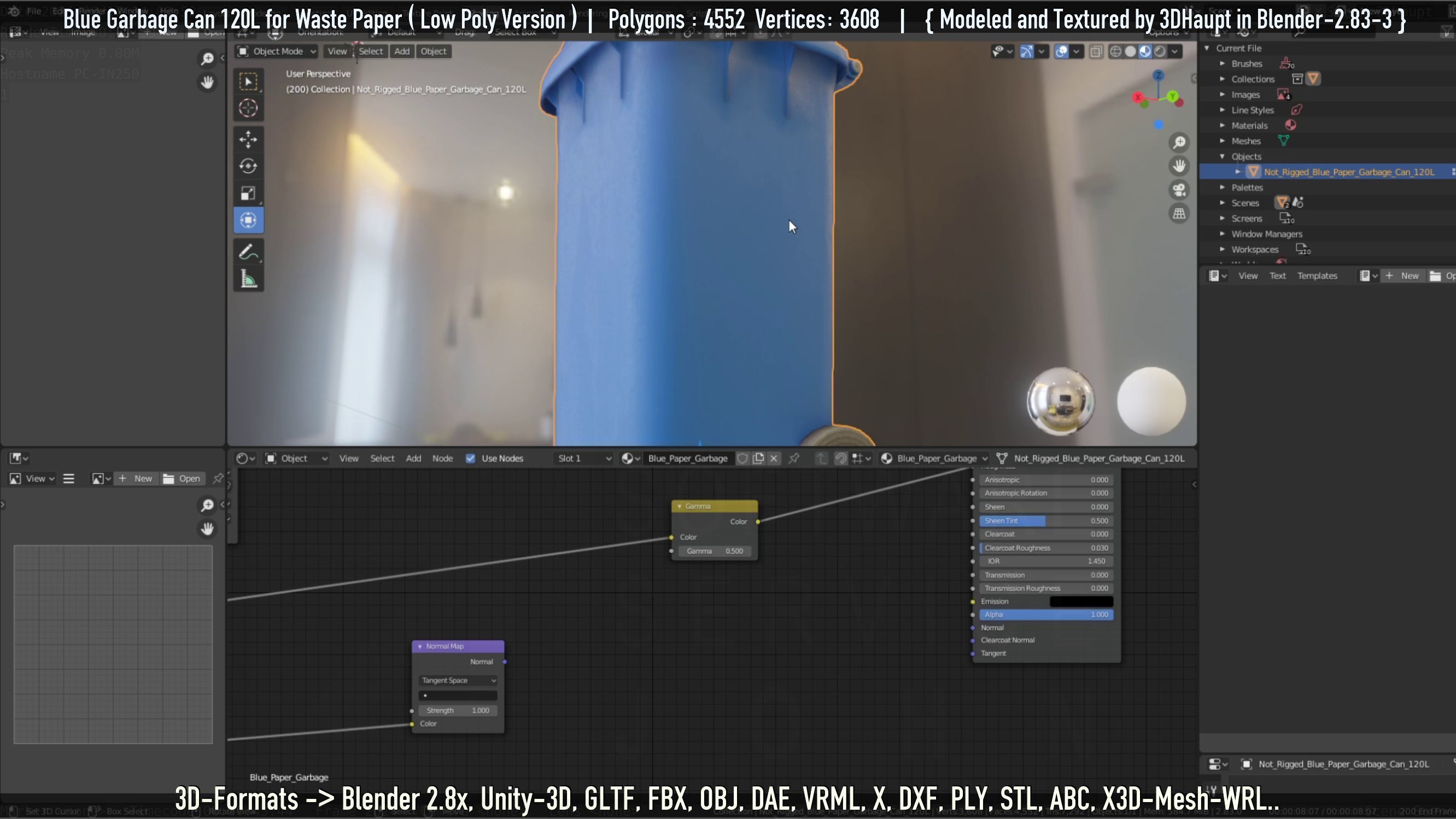 Plastic Garbage Can 120L Blue for Waste Paper -Low-Poly-Version- Low-poly 3D model_73