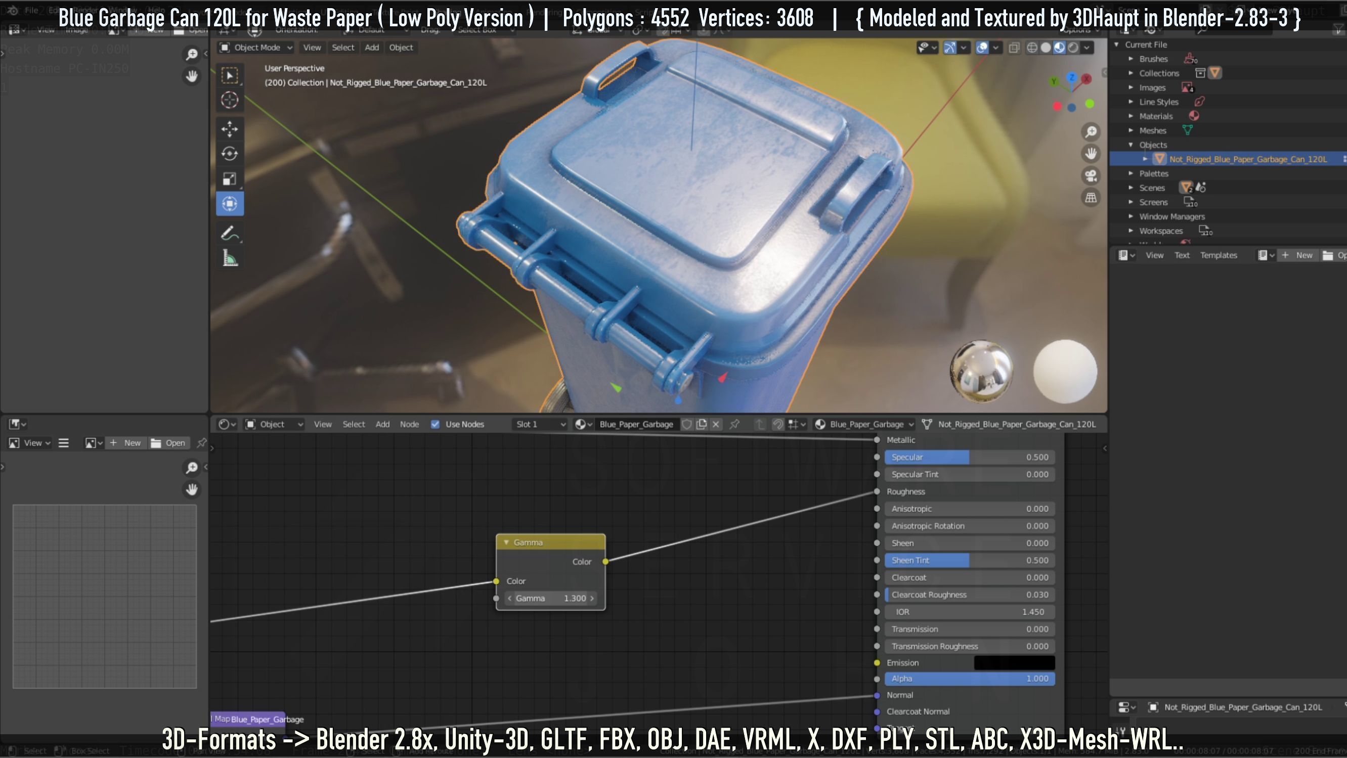 Plastic Garbage Can 120L Blue for Waste Paper -Low-Poly-Version- Low-poly 3D model_54