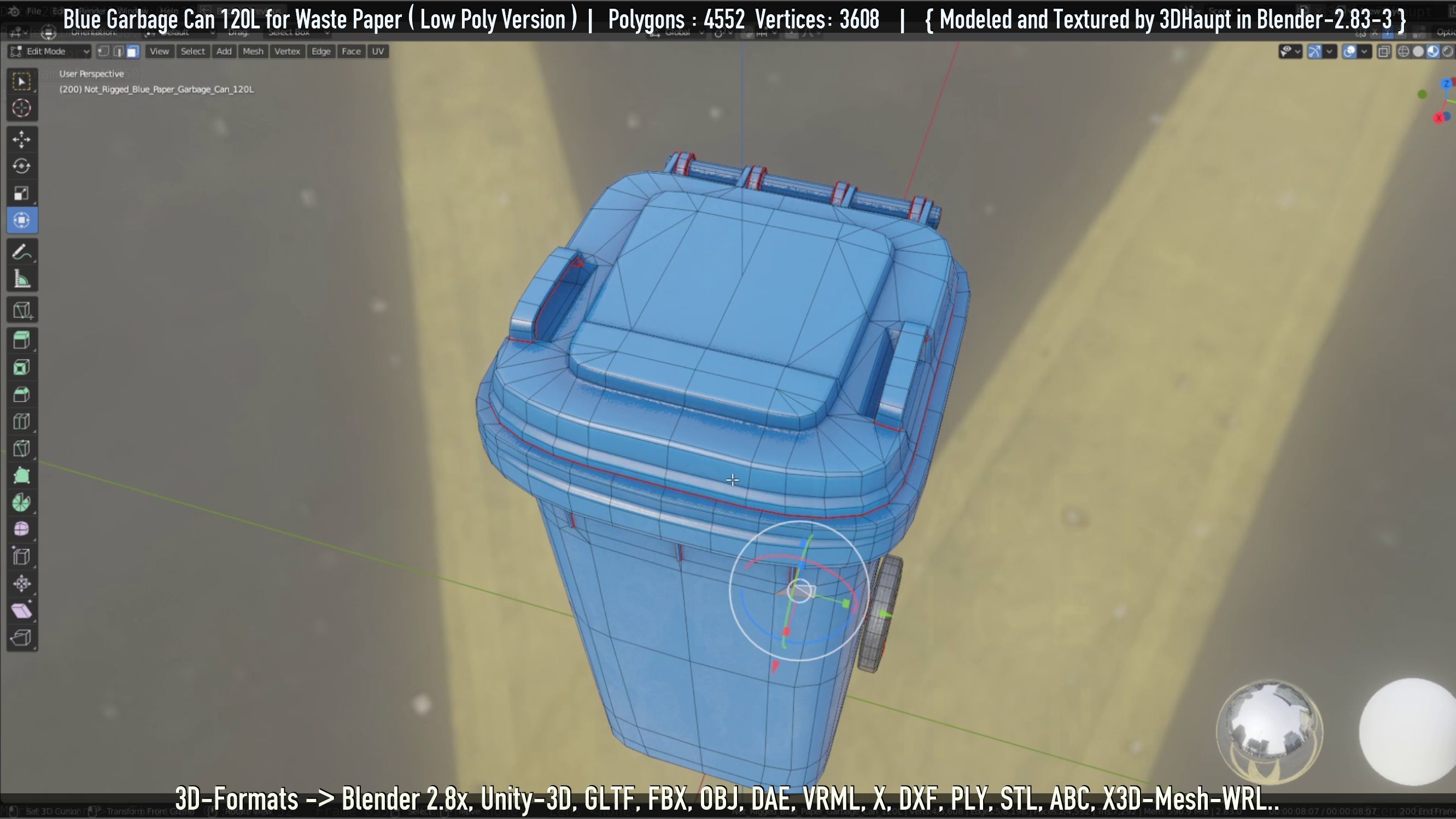 Plastic Garbage Can 120L Blue for Waste Paper -Low-Poly-Version- Low-poly 3D model_75