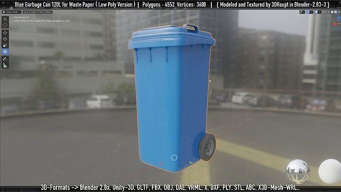 Plastic Garbage Can 120L Blue for Waste Paper -Low-Poly-Version- Low-poly 3D model