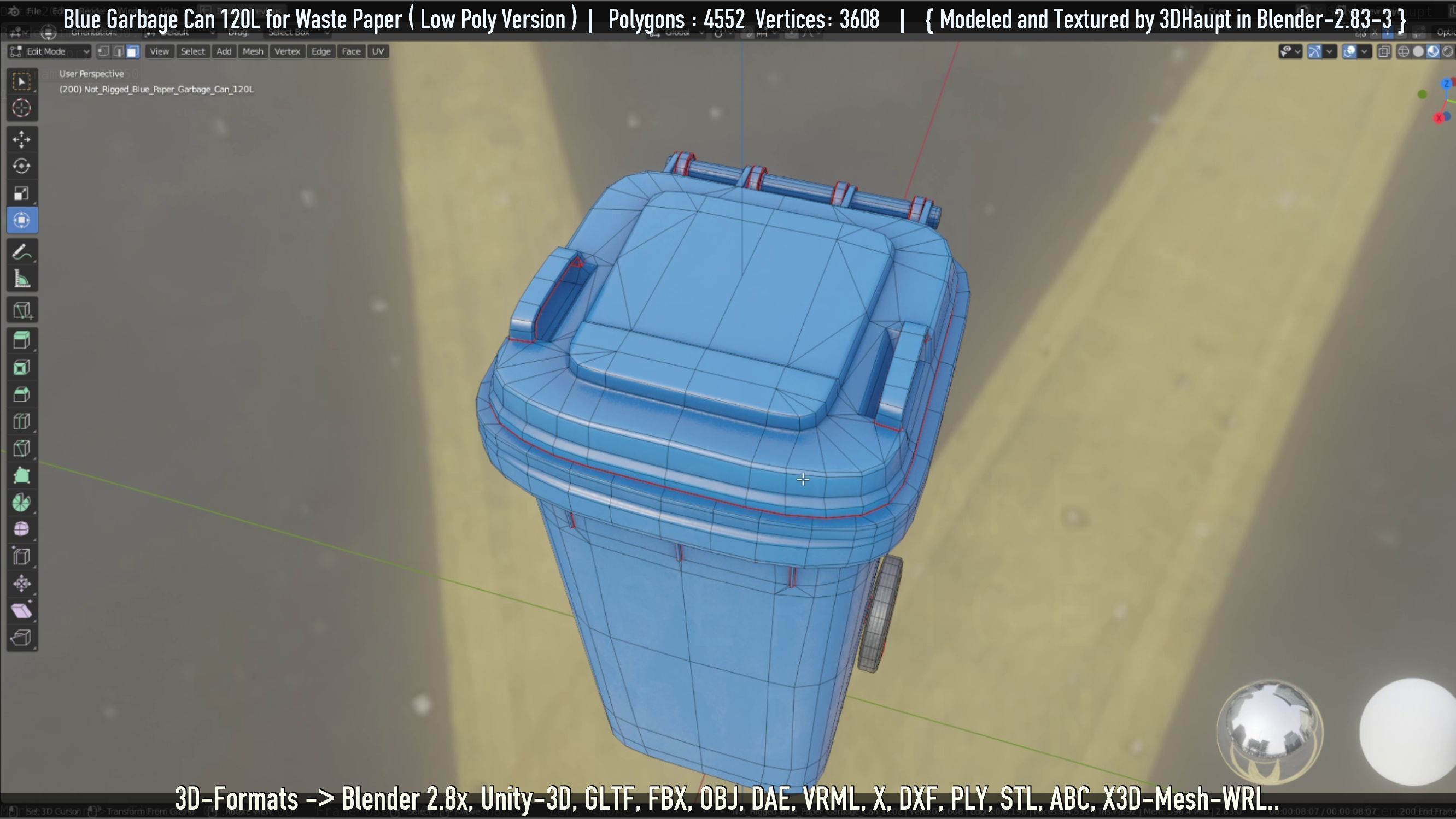 Plastic Garbage Can 120L Blue for Waste Paper -Low-Poly-Version- Low-poly 3D model_19