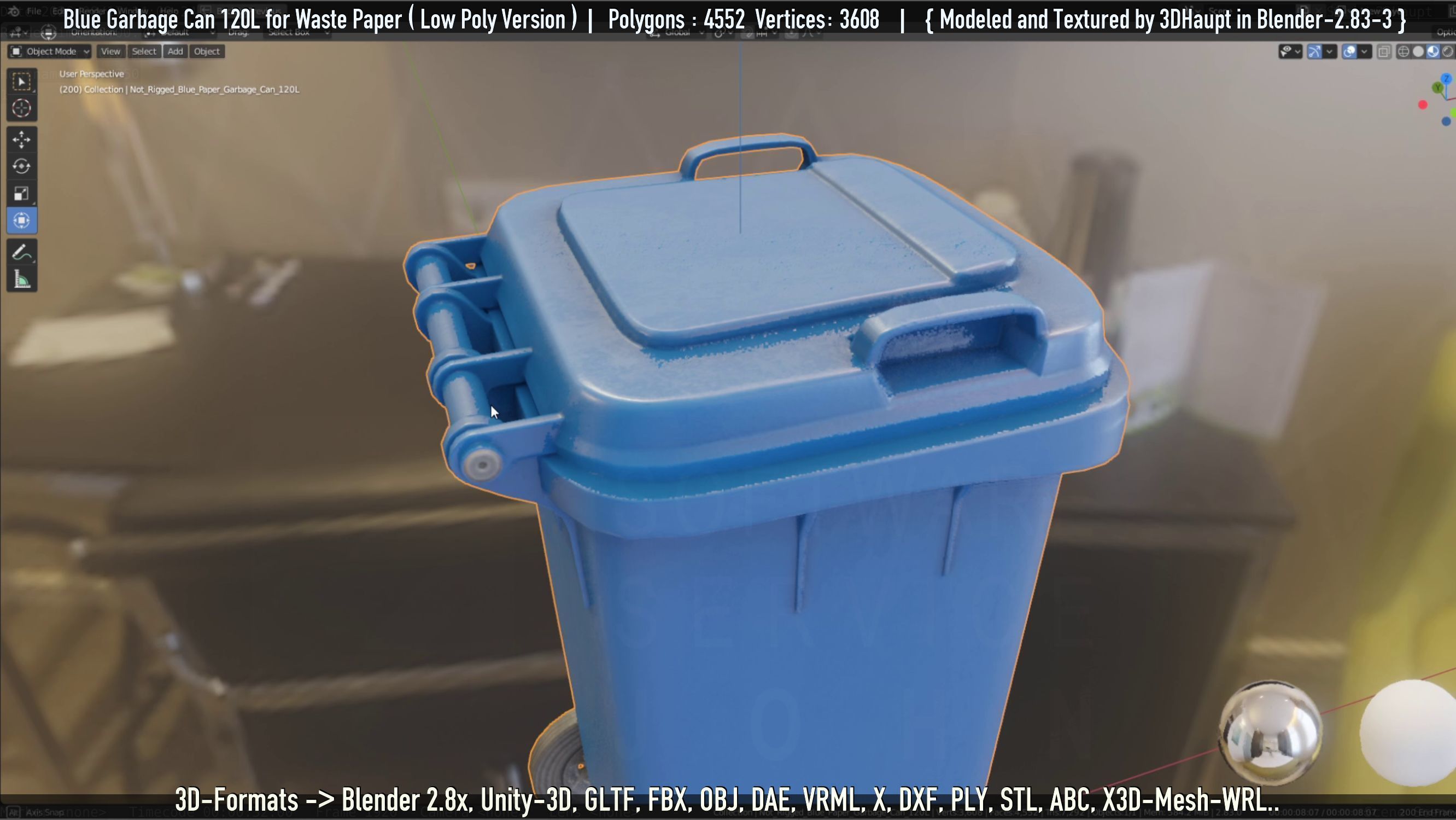 Plastic Garbage Can 120L Blue for Waste Paper -Low-Poly-Version- Low-poly 3D model_48