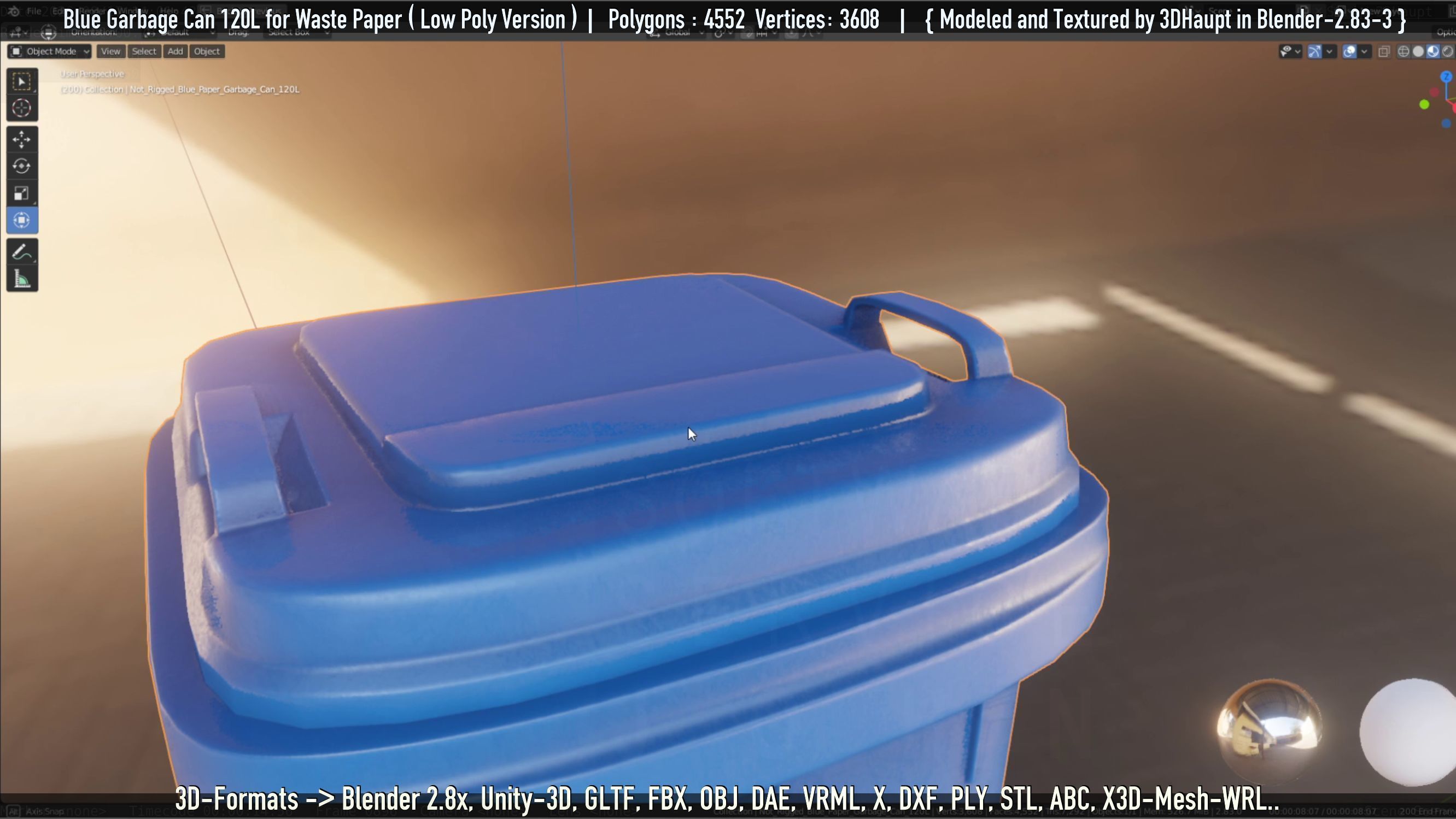 Plastic Garbage Can 120L Blue for Waste Paper -Low-Poly-Version- Low-poly 3D model_12